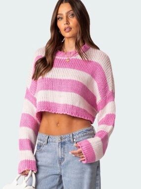 Edikted Pink and White Striped Cropped Crew Sweater